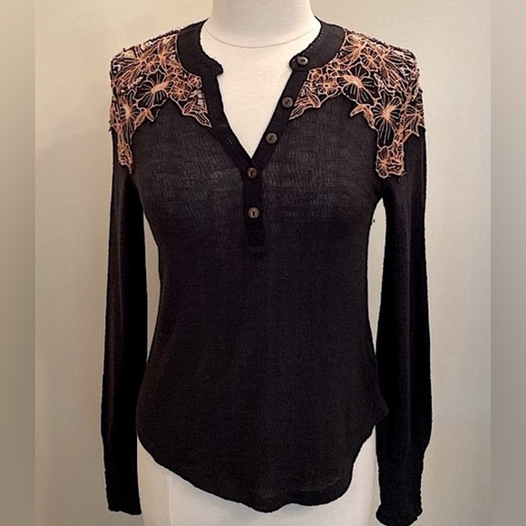 Free People Tops - Free People Black Easy Breezy Gauzy Henley Embroidered Long Sleeve Top Size S